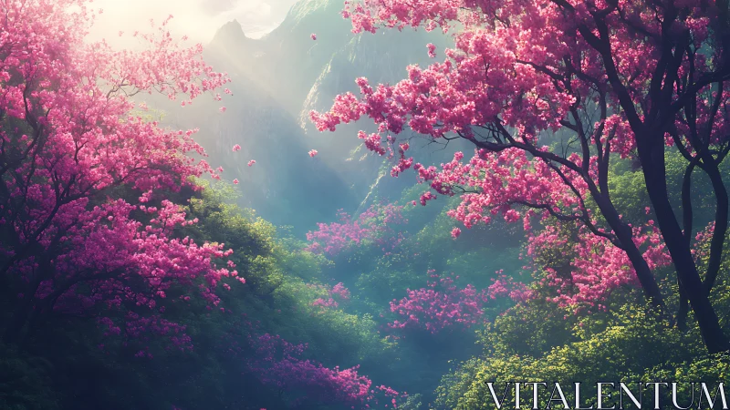 Pink flowering forest valley with distant misty mountains.