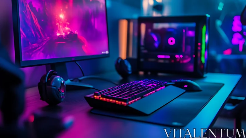 RGB-lit gaming workstation with widescreen monitor and tempered-glass PC
