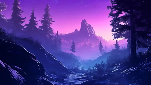Mystical forest valley bathed in purple twilight glow