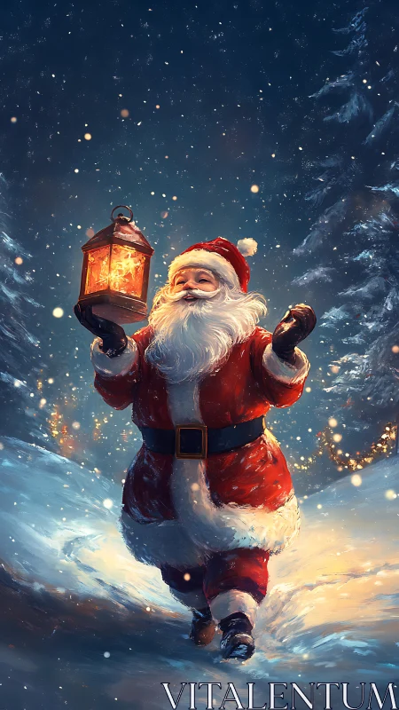 Santa joyfully carries a glowing lantern through snowy woods
