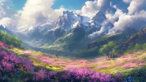 Sunlit wildflower valley opening toward peaceful snowy peaks.