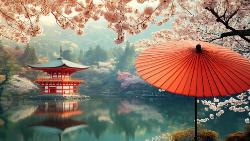 Lakeside Japanese pavilion with umbrella and cherry blossoms.