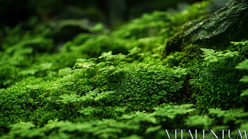 Lush Forest Moss and Ferns in Soft Natural Light, Macro Photography.