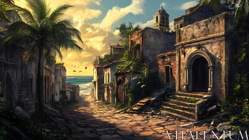 Sunlit coastal ruins along an overgrown stone street.