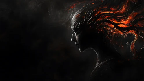 Fiery ethereal profile merges human silence with burning void