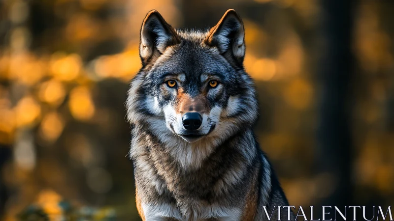 Gray wolf portrait in warm forest light at autumn dusk.