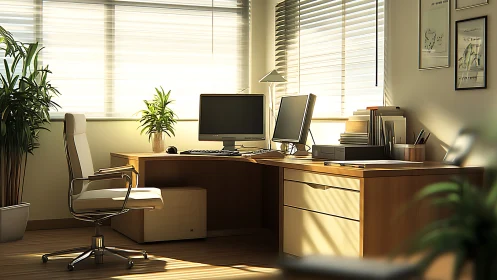 Modern sunlit office workspace with wooden desk and plants.