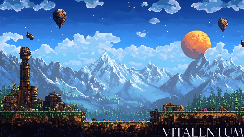 Pixel-art mountain landscape integrates steampunk tower and floating isles