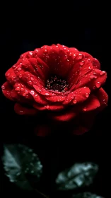 Crimson Gerbera Bloom with Dew Droplets Against Dark Background