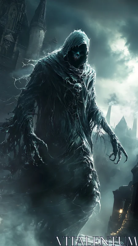 Spectral reaper stalks foggy gothic city street at night