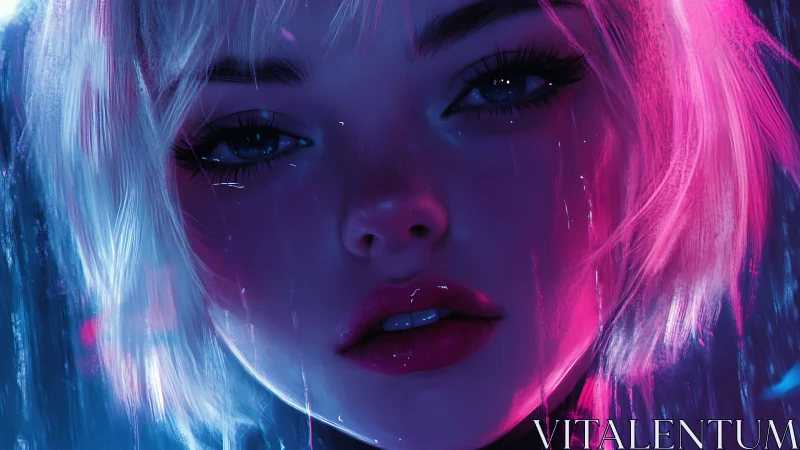 Neon lit cyber dream girl gazes through glowing rain