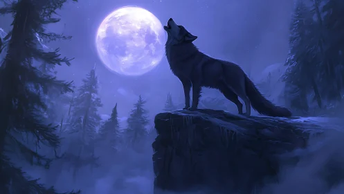 Wolf stands on rocky cliff howling under a full moon