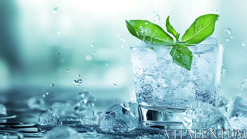 Icy cocktail glass with basil leaves and splashing water.