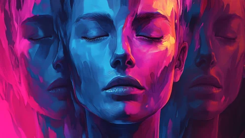 Vibrant triple portrait of serene female face in neon hues.
