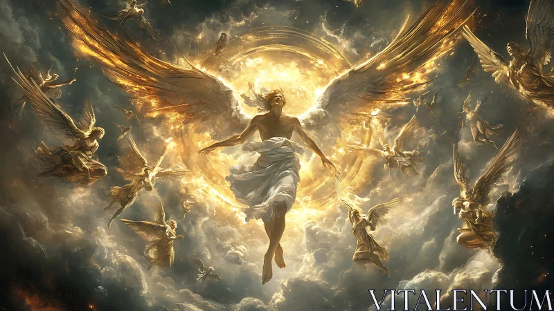 Radiant archangel ascends amid golden light and storm clouds
