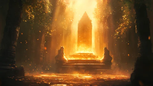 Luminous monolithic altar in overgrown temple nave at dusk