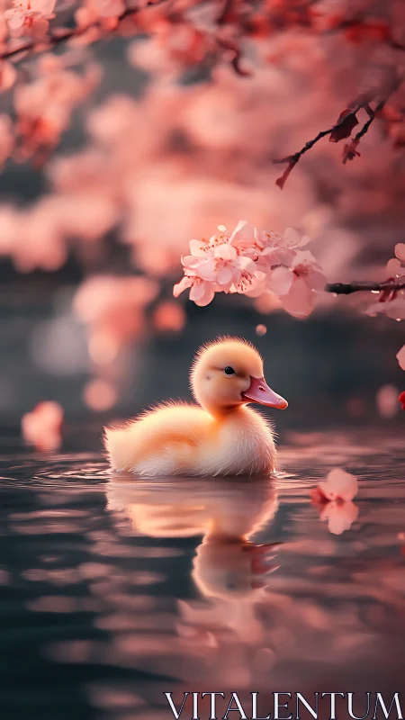 Golden duckling drifts beneath dreamy pink cherry blossoms