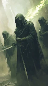 Hooded wraith knights advance through spectral green fog.