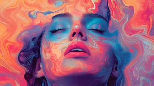 Dreamlike female portrait dissolves into neon liquid color