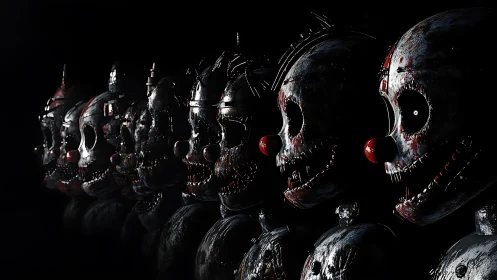 Midnight parade of haunted clown-like metal dolls.
