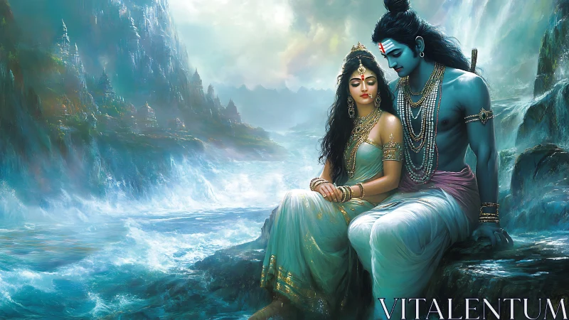 Divine couple resting by shimmering mountain waters.