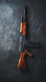 Kalashnikov-style rifle on dark stone textured surface.
