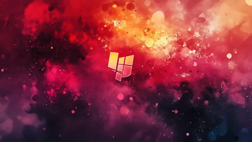 Vibrant geometric logo over abstract nebula field.