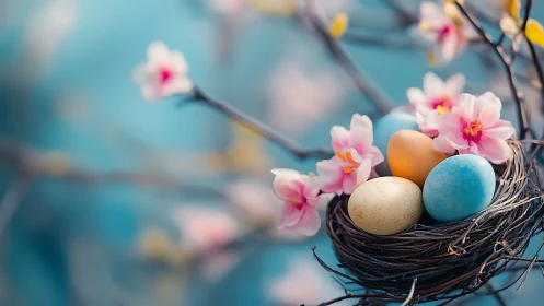 Bird nest holds colored eggs beside pink blossoms on branch