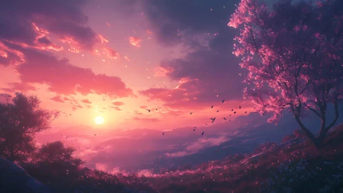 Vibrant cherry blossom sunset over misty valley vista.