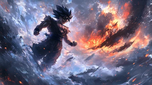 Dynamic anime warrior against apocalyptic storm vortex sky.