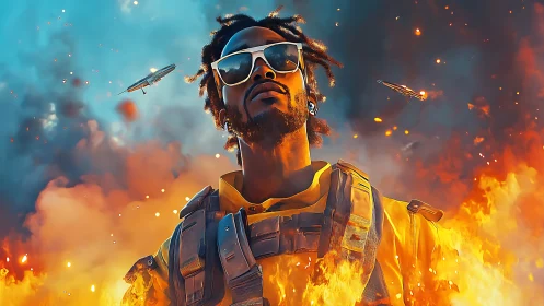 Stylized urban figure in tactical vest within fiery scene.