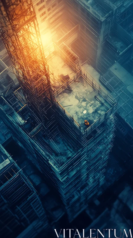 Aerial Construction Site with Golden Sunlight and Urban Shadows.