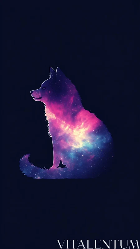 Cosmic canine silhouette glowing with dreamy galaxy light.