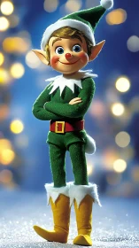 Smiling Christmas elf character in green costume stands.