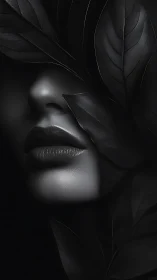 Woman’s shadowed lips emerge between sculptural dark leaves.