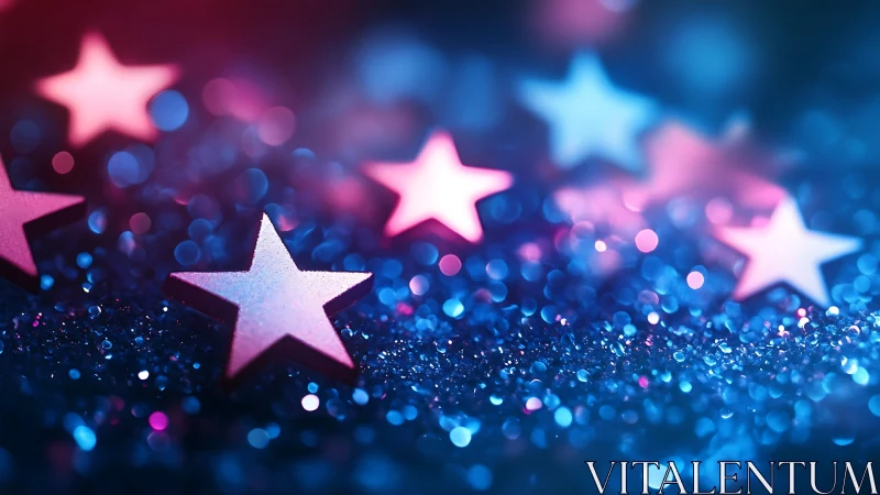 Neon bokeh stars rest on glittering blue surface in macro focus