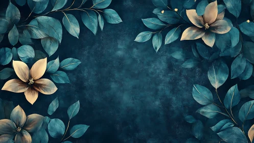 Teal Floral Composition with Golden Blooms on Dark Background.