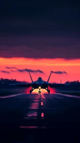 Jet aircraft on runway at dusk under vivid sunset sky.