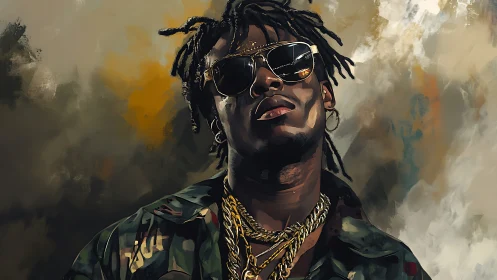 Stylized portrait of cool rapper in reflective shades.