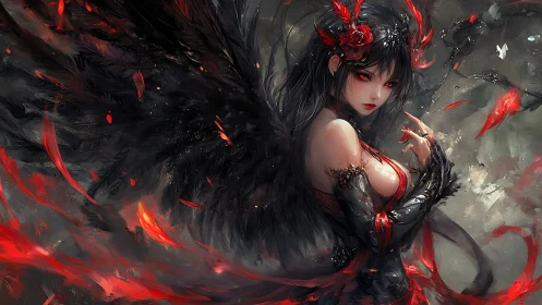 Dark winged demon girl with red eyes and swirling embers.