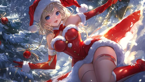 Snowlit anime Santa girl twirls through sparkling yuletide magic.