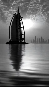Silhouetted sail-shaped tower on reflective seascape at dusk.