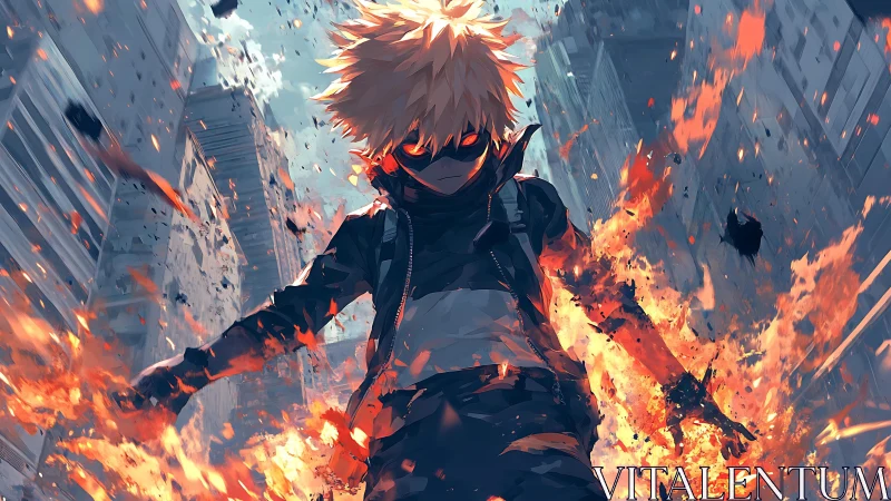 Explosive urban hero amid cascading flame stormed streets.