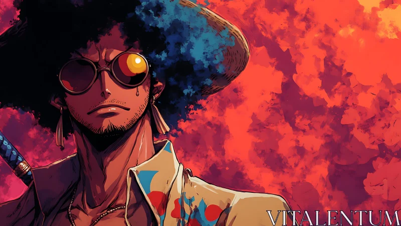 Afro samurai in sunglasses stands before blazing red sky