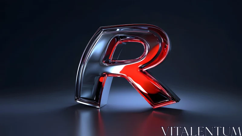 Glossy 3D Red and Silver Letter R on Dark Futuristic Background.
