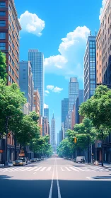 Sunny tree-lined city avenue stretches toward skyline view.