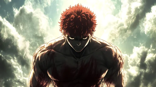 Stormlit warrior rises, bloodstained muscles blazing skyward.