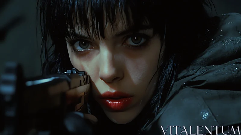 Intense cyber vigilante aiming rifle under wet shadows.