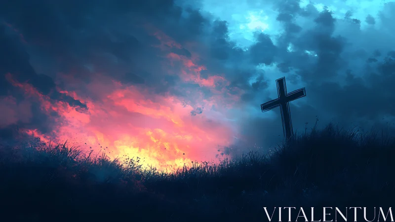 Lone hillside cross meets a blazing pink and blue sky.