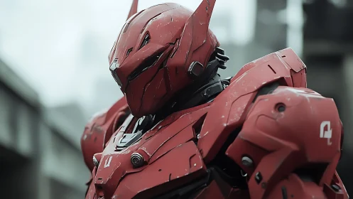 Armored red mech stands vigilant in a misty urban battleground.